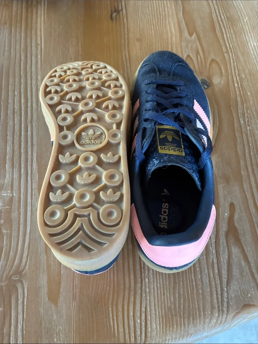 adidas Kids Navy Suede Sneakers with Pink Stripes and Gum Sole